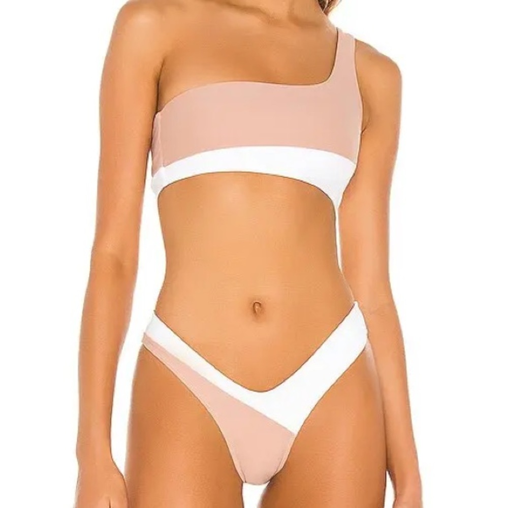 Camila Coehlo One-Shoulder Two-Tone Bikini Set in Nude and White